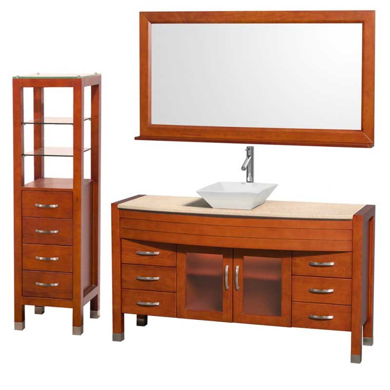 Wyndham Collection Daytona 60" Bathroom Vanity with Vessel Sink, Mirror and Cabinet - Cherry WC-A-W2109-60-T-CH-SET