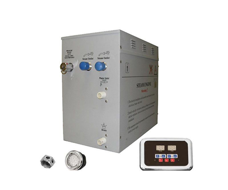 Steam Bath Generator with Waterproof Programmable Controls and 2 Chrome Steam Outlets - 12kW Self-Draining