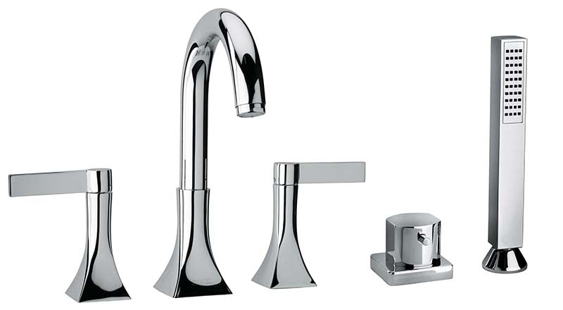 Jewel Faucets Chrome Two Blade Handle Roman Tub Faucet and Hand Shower With Goose Neck Spout 17109