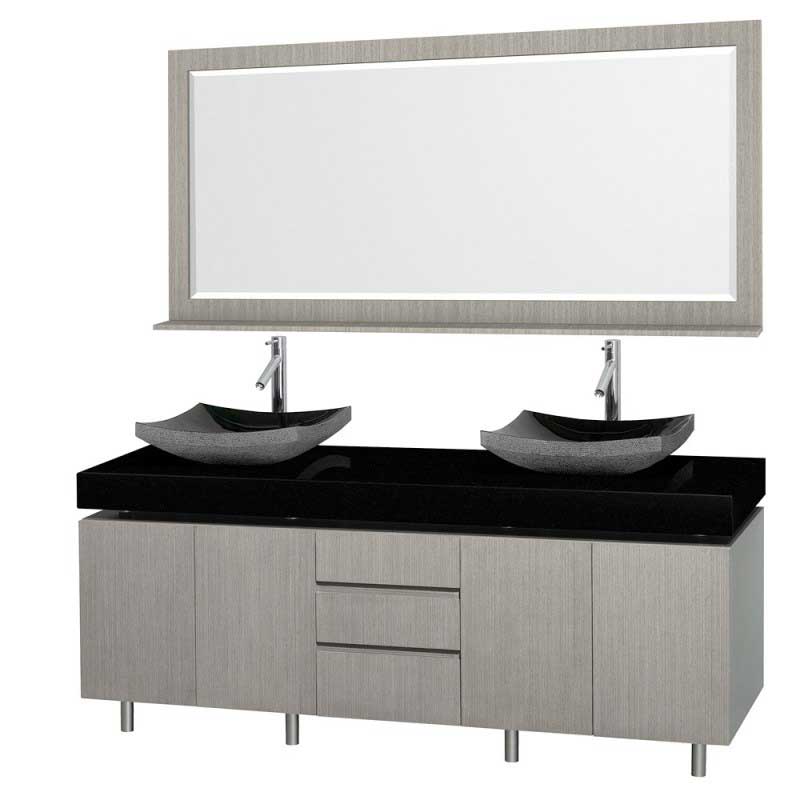Wyndham Collection Malibu 72" Double Bathroom Vanity Set - Gray Oak Finish with Black Absolute Granite Counter and Black Granite Sinks WC-CG3000-72-GROAK-BLK-GR