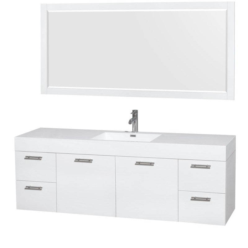 Wyndham Collection Amare 72" Single Bathroom Vanity in Glossy White, Acrylic-Resin Countertop, Integrated Sink, and 70" Mirror WCR410072SGWARINTM70