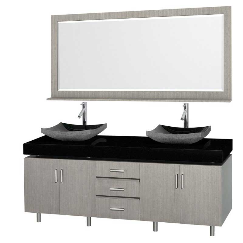 Wyndham Collection Malibu 72" Double Bathroom Vanity Set - Gray Oak Finish with Black Absolute Granite Counter and Black Granite Sinks and Handles WC-CG3000H-72-GROAK-BLK-GR