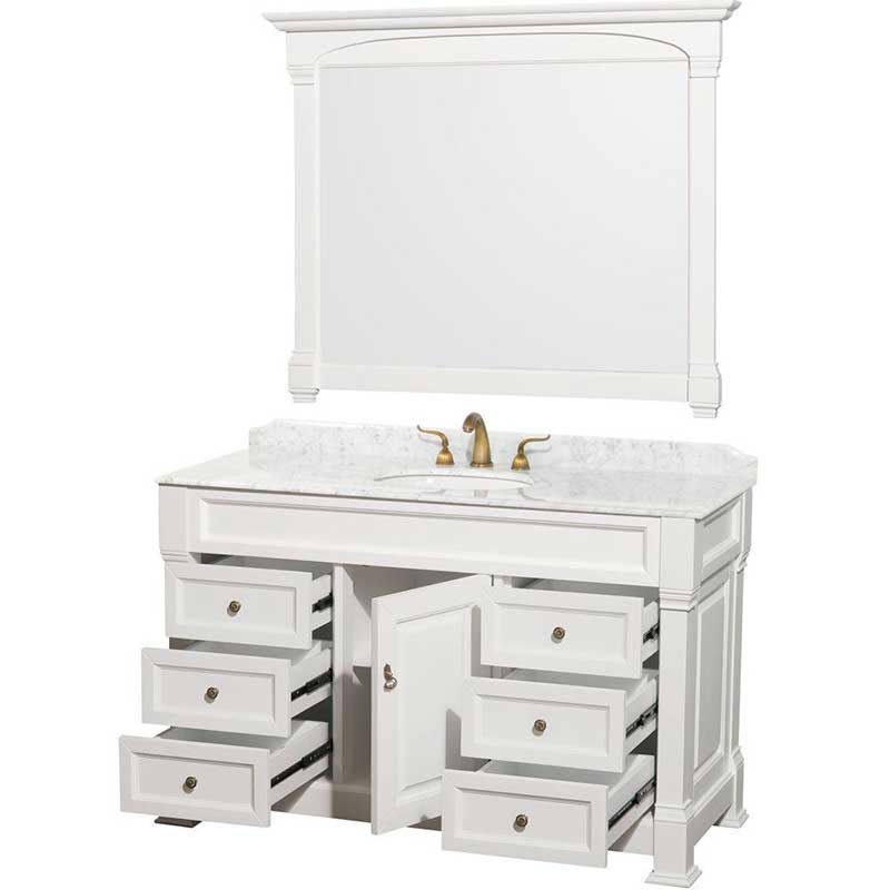 Andover 55" Single Bathroom Vanity in White, Carrara Marble Countertop, Undermount Oval Sink and 50" Mirror 2