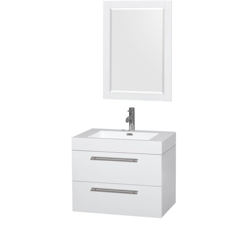 Wyndham Collection Amare 30" Single Bathroom Vanity in Glossy White, Acrylic Resin Countertop, Integrated Sink, and 24" Mirror WCR410030SGWARINTM24