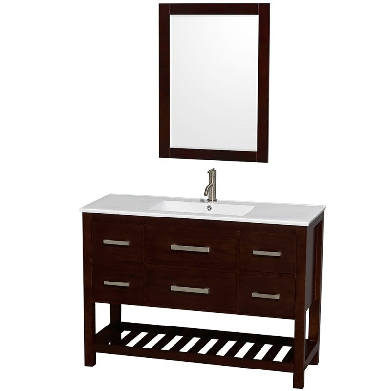 Wyndham Collection Natalie 48 in. Single Bathroom Vanity in Espresso, White Porcelain Countertop, Integrated Sink, and 24 in. Mirror WCS211148SESWPINTM24