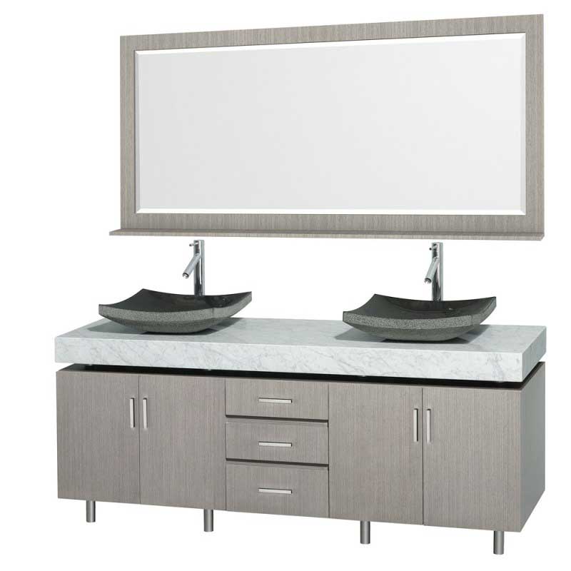 Wyndham Collection Malibu 72" Double Bathroom Vanity Set - Gray Oak Finish with White Carrera Marble Counter and Handles WC-CG3000H-72-GROAK-WHTCAR