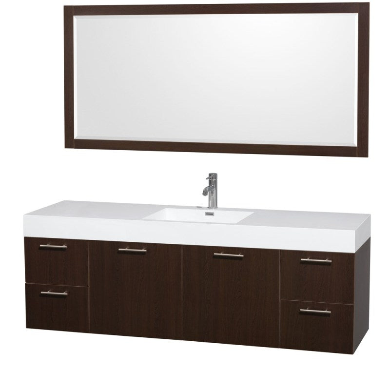 Wyndham Collection Amare 72" Single Bathroom Vanity in Espresso, Acrylic-Resin Countertop, Integrated Sink, and 70" Mirror WCR410072SESARINTM70