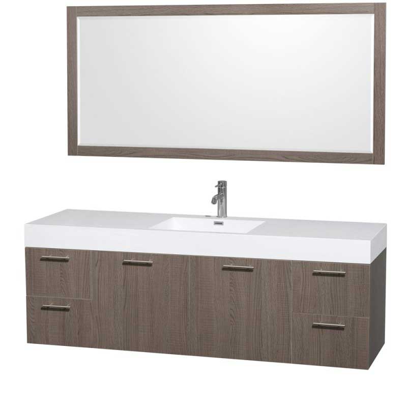 Wyndham Collection Amare 72" Single Bathroom Vanity in Gray Oak, Acrylic-Resin Countertop, Integrated Sink, and 70" Mirror WCR410072SGOARINTM70