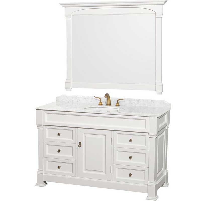 Andover 55" Single Bathroom Vanity in White, Carrara Marble Countertop, Undermount Oval Sink and 50" Mirror