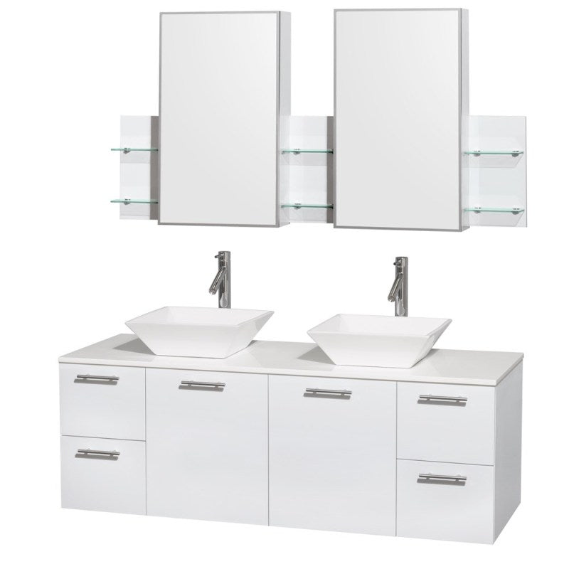 Wyndham Collection Amare 60" Wall-Mounted Double Bathroom Vanity Set with Vessel Sinks - Glossy White WC-R4100-60-WHT-DBL 4