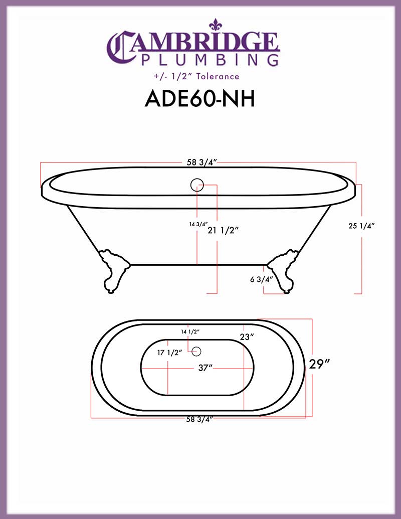Cambridge Plumbing Acrylic Double Ended Clawfoot Bathtub 60" X 30" with No Faucet Drillings and Oil Rubbed Bronze Feet 2