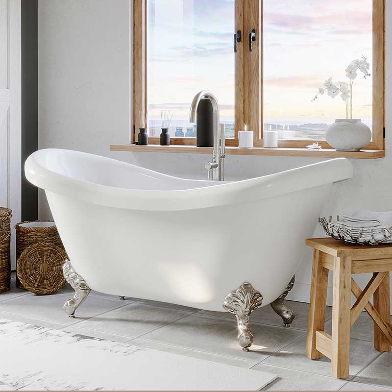 Cambridge Plumbing Acrylic Double Ended Clawfoot Bathtub 68" X 28" with no Faucet Drillings and Complete Brushed Nickel Plumbing Package