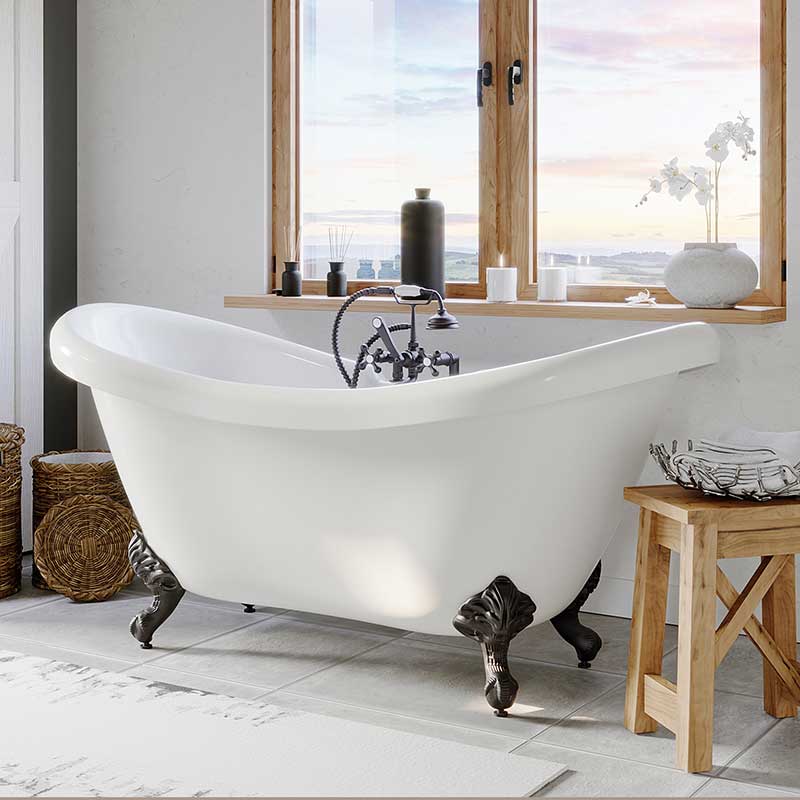 Cambridge Plumbing Acrylic Double Ended Clawfoot Bathtub 68" X 28" with no Faucet Drillings and Complete Oil Rubbed Bronze Plumbing Package