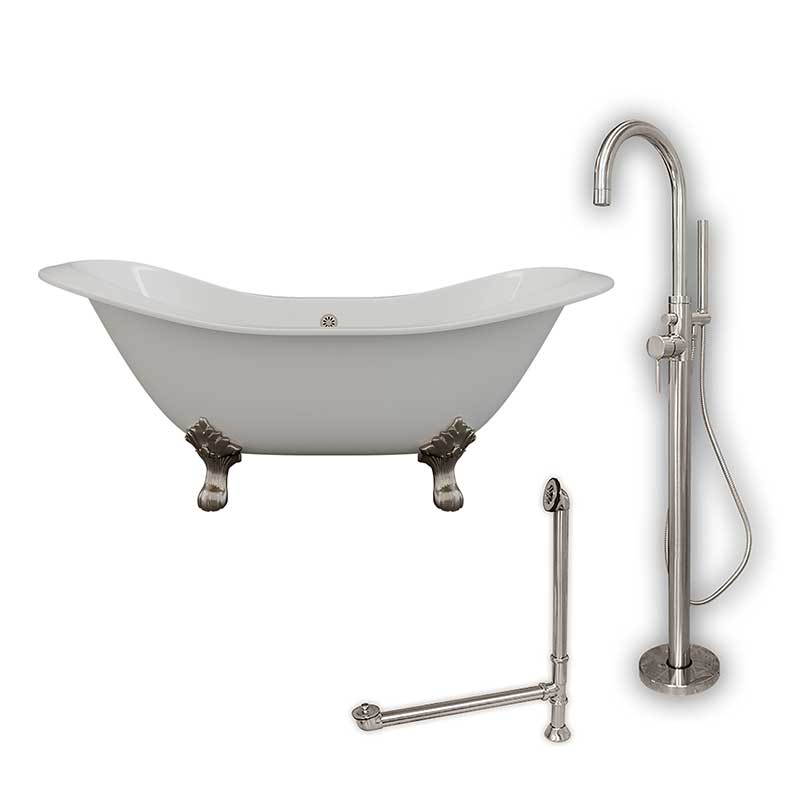 Cambridge Plumbing Cast Iron Double Ended Slipper Tub 71" X 30"with no Faucet Drillings and Complete Brushed Nickel Modern Freestanding Tub Filler with Hand Held Shower Assembly Plumbing Package