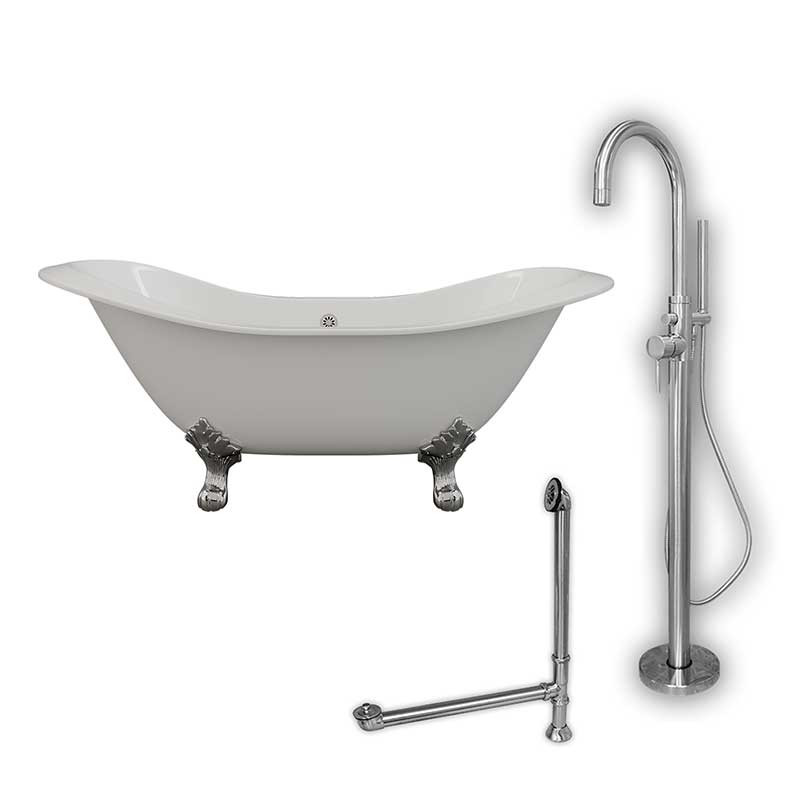 Cambridge Plumbing Cast Iron Double Ended Slipper Tub 71" X 30" with no Faucet Drillings and Complete Polished Chrome Modern Freestanding Tub Filler with Hand Held Shower Assembly Plumbing Package