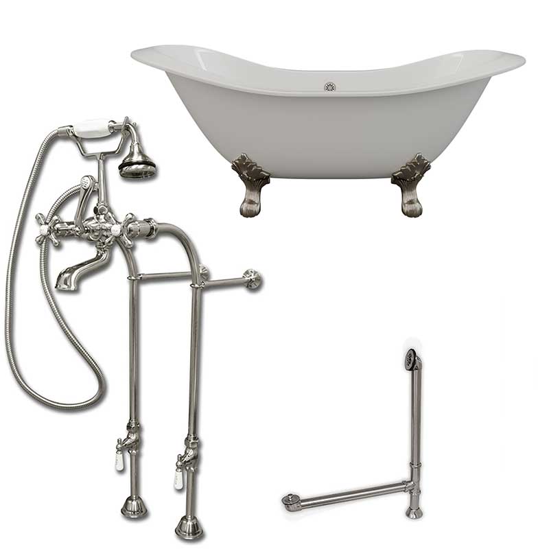 Cambridge Plumbing Cast Iron Double Ended Slipper Tub 71" X 30"with No Faucet Drillings and Complete Free Standing British Telephone Faucet and Hand Held Shower Brushed Nickel Plumbing Package
