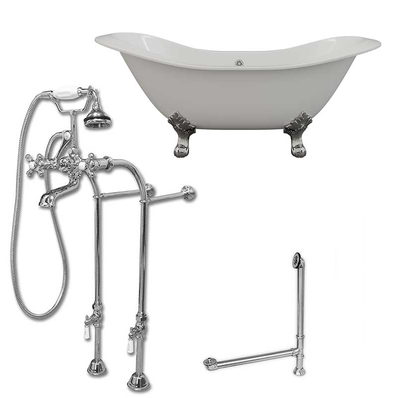 Cambridge Plumbing Cast Iron Double Ended Slipper Tub 71" X 30" with No Faucet Drillings and Complete Free Standing British Telephone Faucet and Hand Held Shower Polished Chrome Plumbing Package