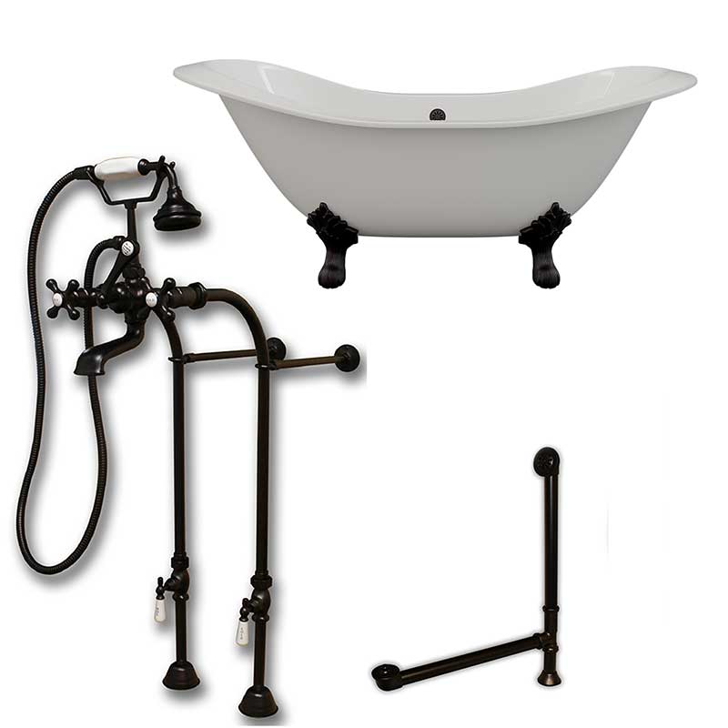 Cambridge Plumbing Cast Iron Double Ended Slipper Tub 71" X 30"with No Faucet Drillings and Complete Free Standing British Telephone Faucet and Hand Held Shower Oil Rubbed Bronze Plumbing Package
