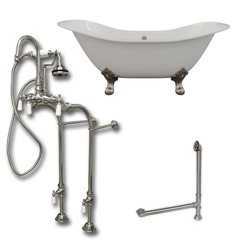Cambridge Plumbing Cast Iron Double Ended Slipper Tub 71" X 30" with no Faucet Drillings and Complete Brushed Nickel Free Standing English Telephone Style Faucet with Hand Held Shower Assembly Plumbing Package
