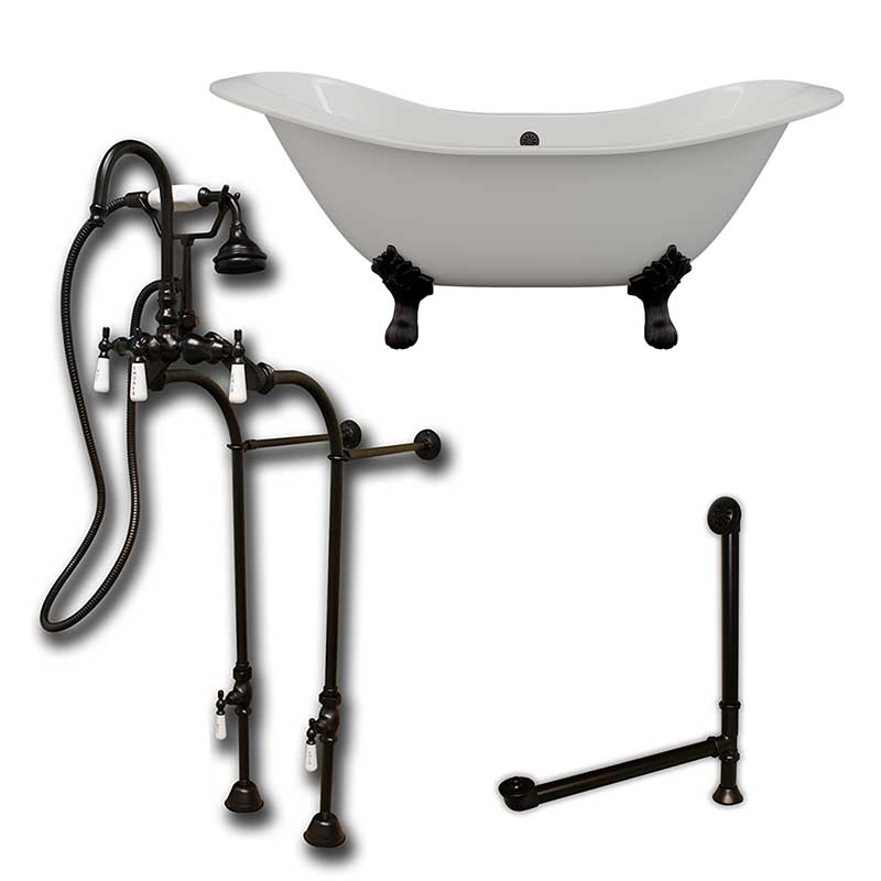 Cambridge Plumbing Cast Iron Double Ended Slipper Tub 71" X 30" with no Faucet Drillings and Complete Oil Rubbed Bronze Free Standing English Telephone Style Faucet with Hand Held Shower Assembly Plumbing Package