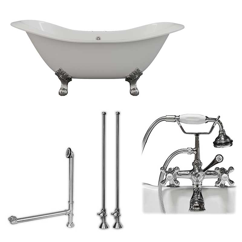 Cambridge Plumbing Cast Iron Double Ended Slipper Tub 71" X 30" with 7" Deck Mount Faucet Drillings and Complete Polished Chrome Plumbing Package