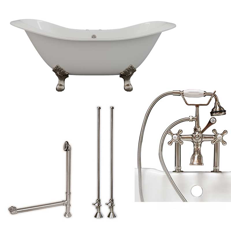 Cambridge Plumbing Cast Iron Double Ended Slipper Tub 71" X 30" with 7" Deck Mount Faucet Drillings and British Telephone Style Faucet Complete Brushed Nickel Plumbing Package With Six Inch Deck Mount Risers