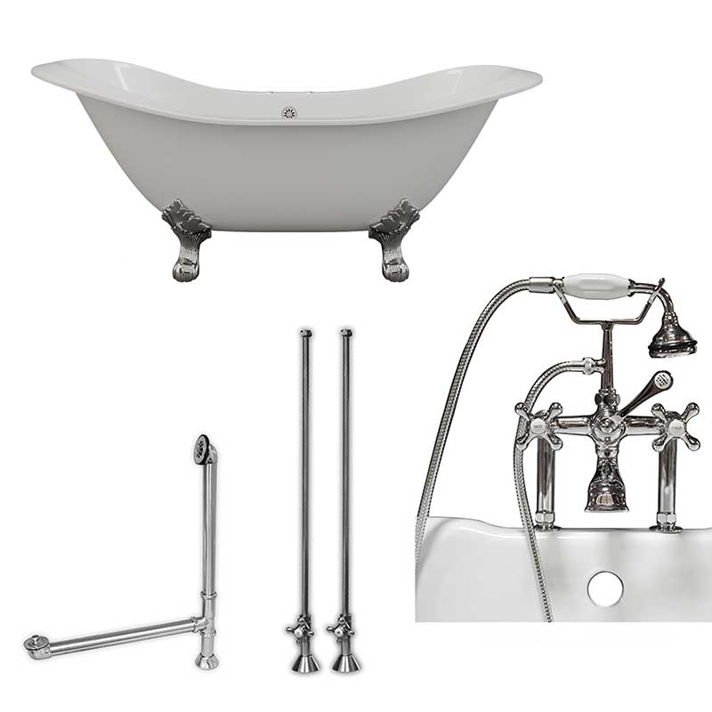Cambridge Plumbing Cast Iron Double Ended Slipper Tub 71" X 30" with 7" Deck Mount Faucet Drillings and British Telephone Style Faucet Complete Polished Chrome Plumbing Package With Six Inch Deck Mount Risers