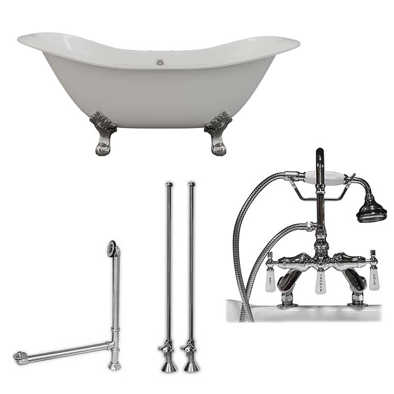 Cambridge Plumbing Cast Iron Double Ended Slipper Tub 71" X 30" with 7" Deck Mount Faucet Drillings and English Telephone Style Faucet Complete Polished Chrome Plumbing Package