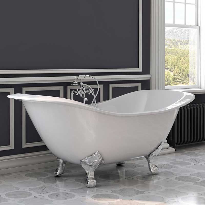 Cambridge Plumbing Cast Iron Double Ended Slipper Tub 71" X 30" with 7" Deck Mount Faucet Drillings and Polished Chrome Feet
