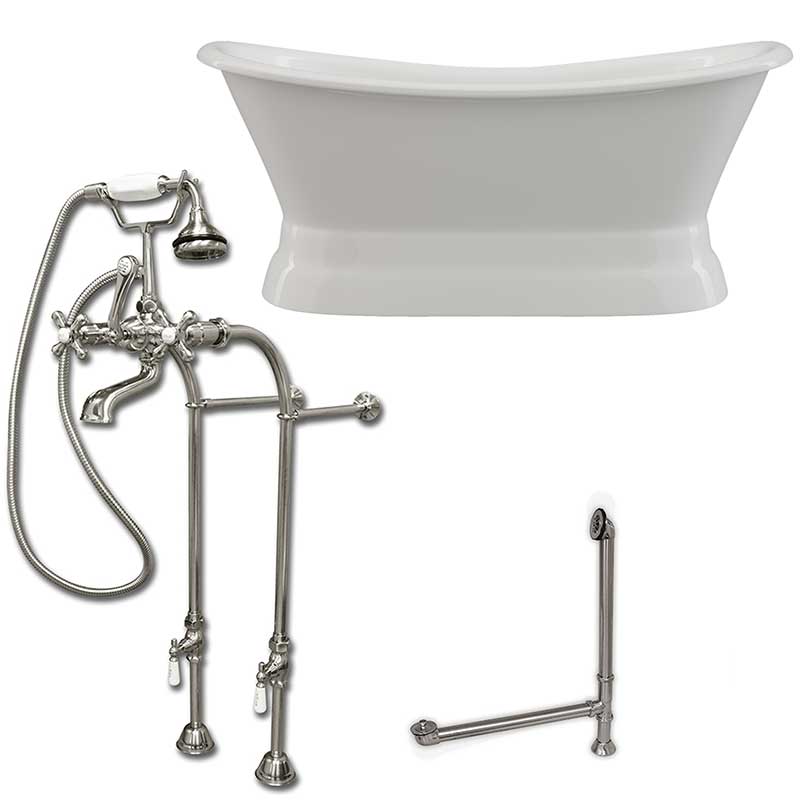 Cambridge Plumbing Cast Iron Double Ended Slipper Tub 71" X 30" with No Faucet Drillings and Complete Free Standing British Telephone Faucet and Hand Held Shower e Brushed Nickel Plumbing Package