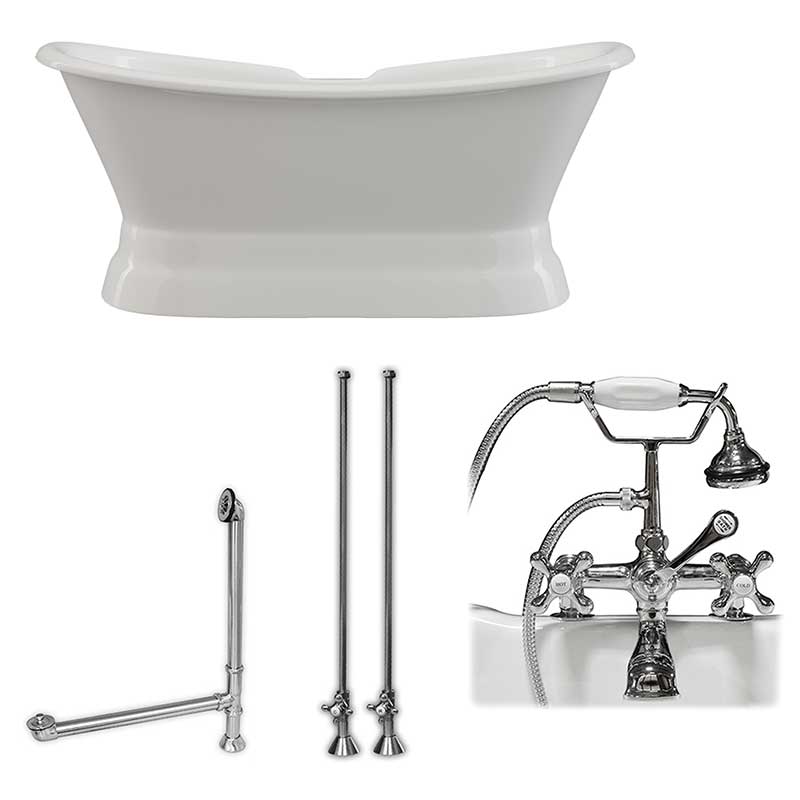 Cambridge Plumbing Cast Iron Double Ended Slipper Tub 71" X 30" with 7" Deck Mount Faucet Drillings and Complete Polished Chrome Plumbing Package