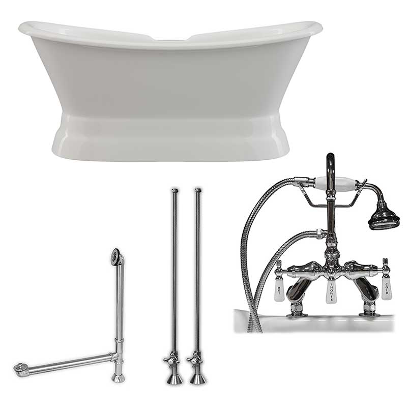 Cambridge Plumbing Cast Iron Double Ended Slipper Tub 71" X 30" with 7" Deck Mount Faucet Drillings and English Telephone Style Faucet Complete Polished Chrome Plumbing Package