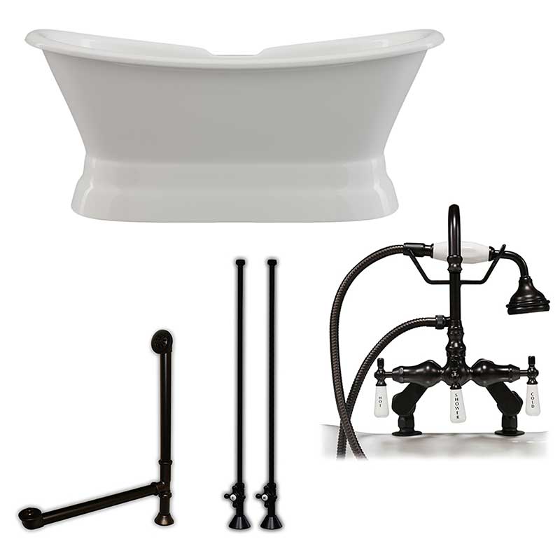 Cambridge Plumbing Cast Iron Double Ended Slipper Tub 71" X 30" with 7" Deck Mount Faucet Drillings and English Telephone Style Faucet Complete Oil Rubbed Bronze Plumbing Package