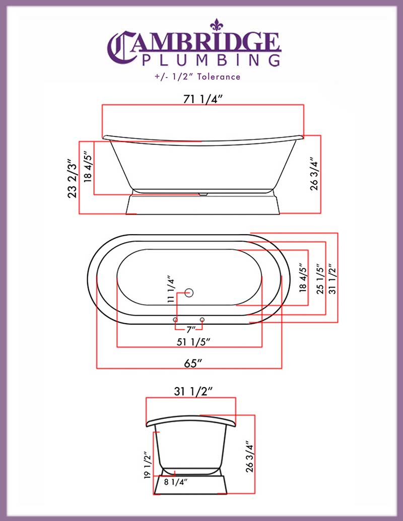 Cambridge Plumbing Cast Iron Double Ended Slipper Tub 71" X 30" with 7" Deck Mount Faucet Drillings 2