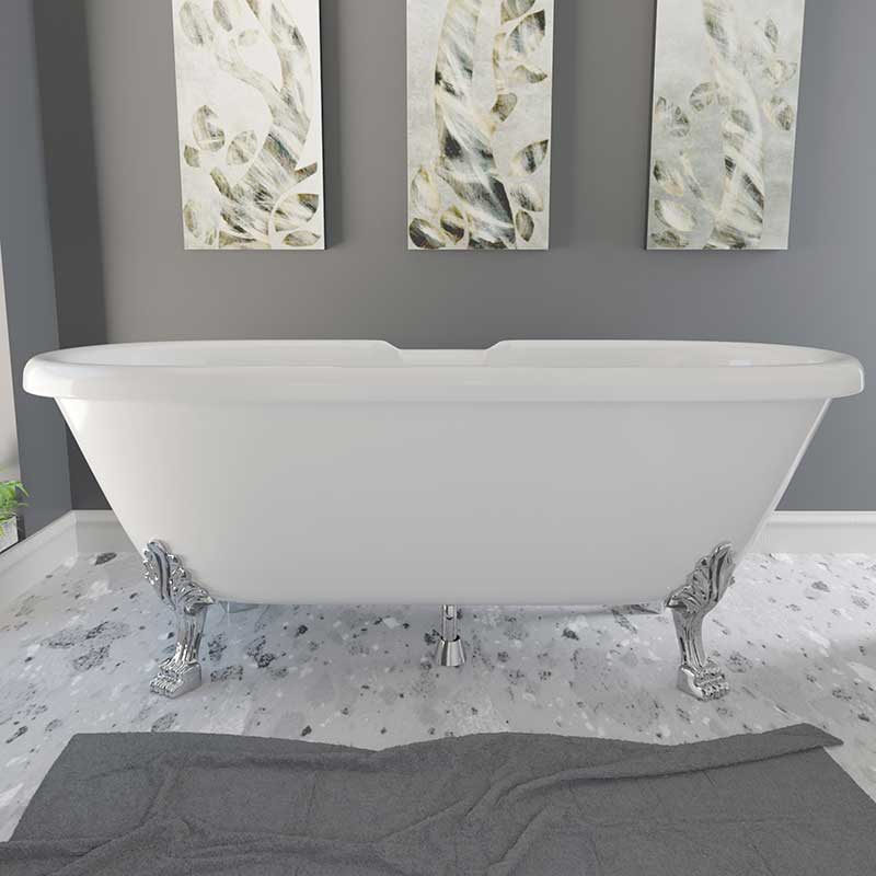 Cambridge Plumbing Dolomite Mineral Composite Double Ended Clawfoot Tub with No Faucet Holes, Polished Chrome Feet and Drain Assembly