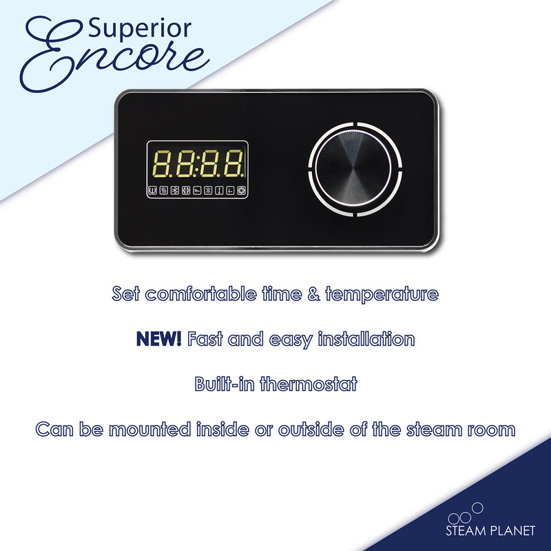 Superior Encore Steam Generator by Steam Planet, Self-Draining Bluetooth Capable Steam Shower Kit, Horizontal Digital Keypad in Black with Built-in Temperature Sensor, Upgraded Keypad Connection Cable, Aromatherapy Steam Head for Perfect Steam