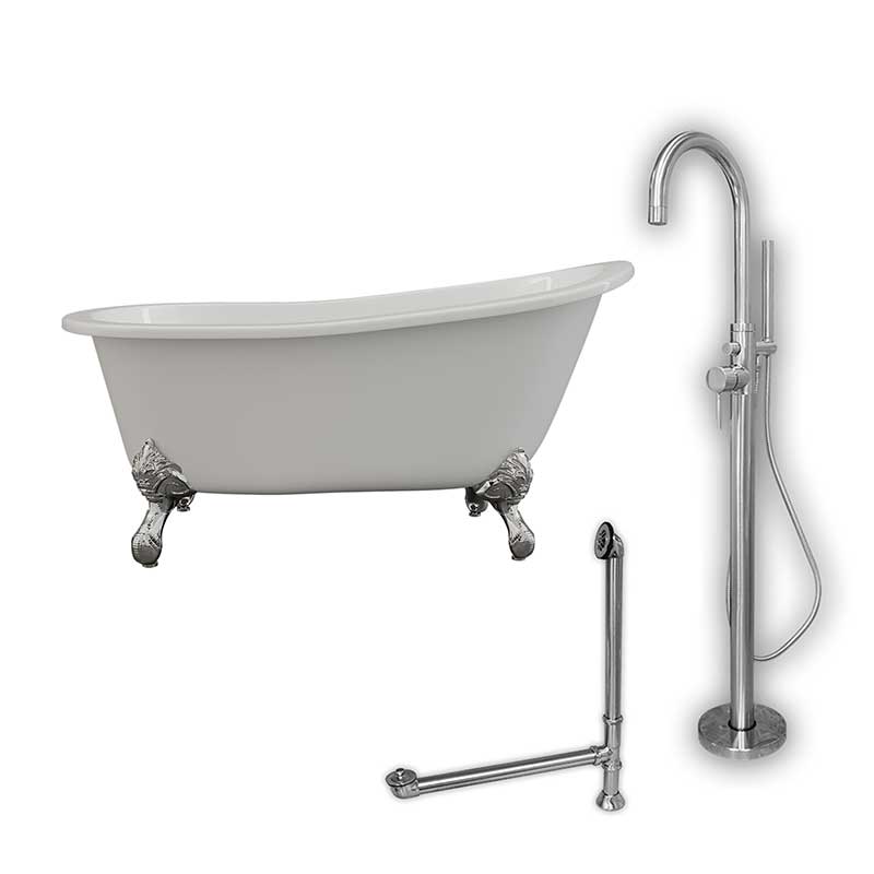 Cambridge Plumbing Cast Iron Slipper Clawfoot Tub 61" X 30" with no Faucet Drillings and Complete Polished Chrome Modern Freestanding Tub Filler with Hand Held Shower Assembly Plumbing Package