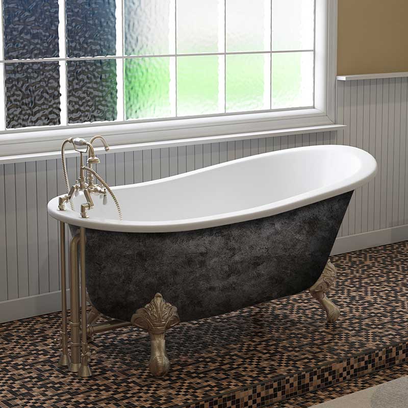 Cambridge Plumbing Scorched Platinum 61” x 30” Cast Iron Slipper Bathtub with 7” Deck Mount Faucet Holes and Brushed Nickel Feet