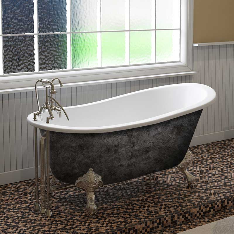 Cambridge Plumbing Scorched Platinum 61” x 30” Cast Iron Slipper Bathtub with 7” Deck Mount Faucet Holes and Polished Chrome Feet