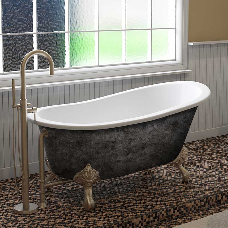 Cambridge Plumbing Scorched Platinum 61” x 30” Cast Iron Slipper Bathtub with” No Faucet Holes and Brushed Nickel Feet