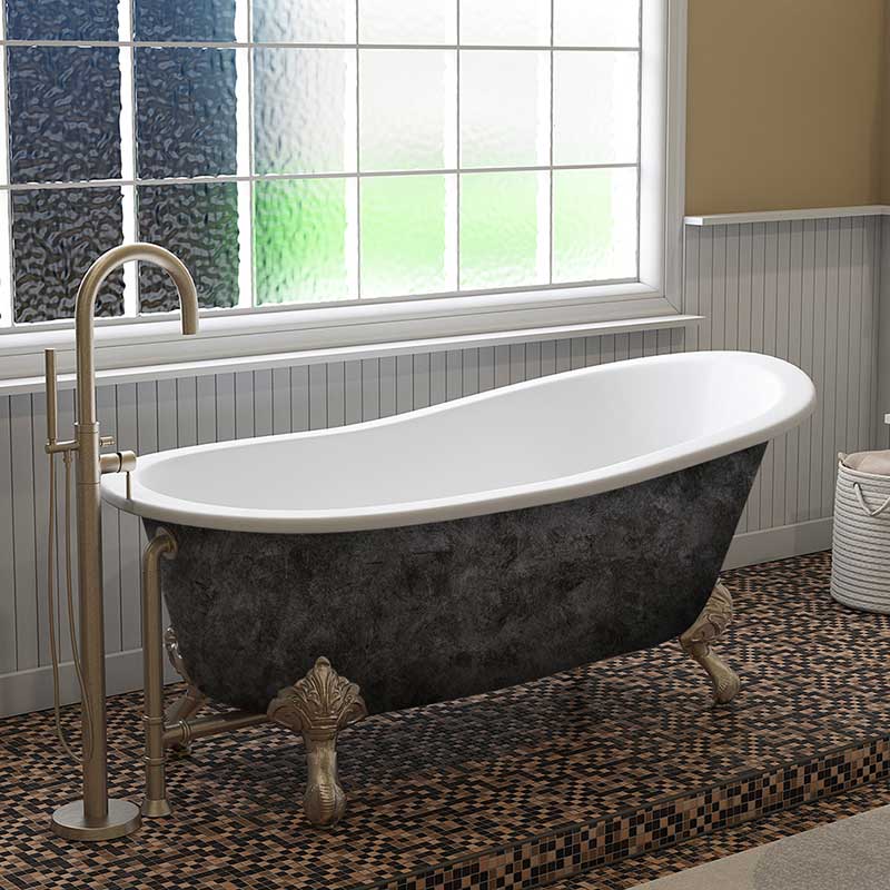 Cambridge Plumbing Scorched Platinum 67” x 30” Cast Iron Slipper Bathtub with” No Faucet Holes and Brushed Nickel Ball and Claw Feet