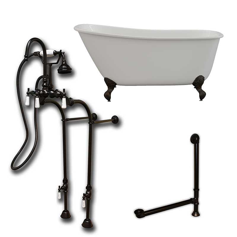 Cambridge Plumbing Cast Iron Swedish Slipper Tub 54" X 30" with no Faucet Drillings and Complete Oil Rubbed Bronze Free Standing English Telephone Style Faucet with Hand Held Shower Assembly Plumbing Package