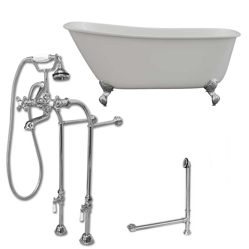 Cambridge Plumbing Cast Iron Swedish Slipper Tub 58" X 30" with No Faucet Drillings and Complete Polished Chrome Plumbing Package