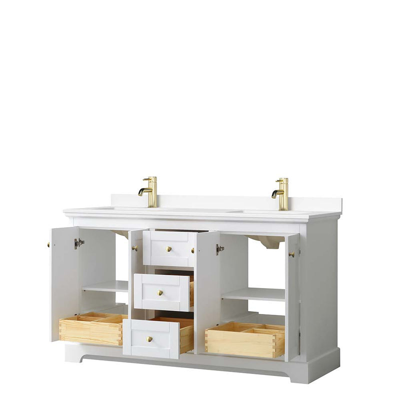 Avery 60 Inch Double Bathroom Vanity in White - Brushed Gold Trim - 25
