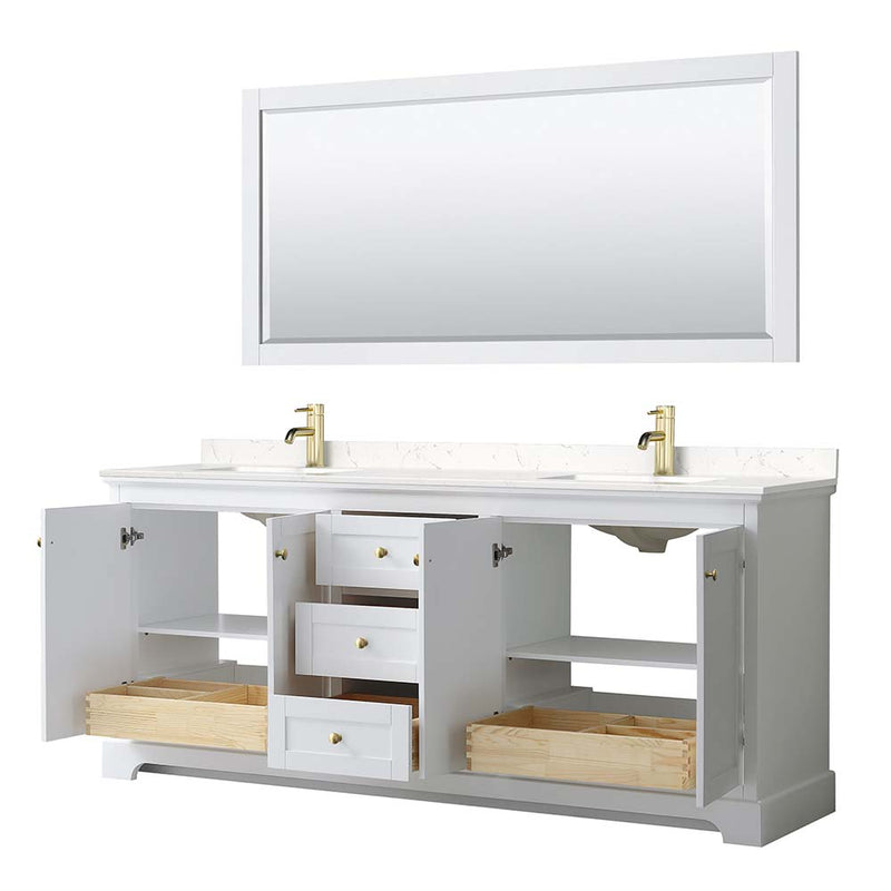 Avery 80 Inch Double Bathroom Vanity in White - Brushed Gold Trim - 10