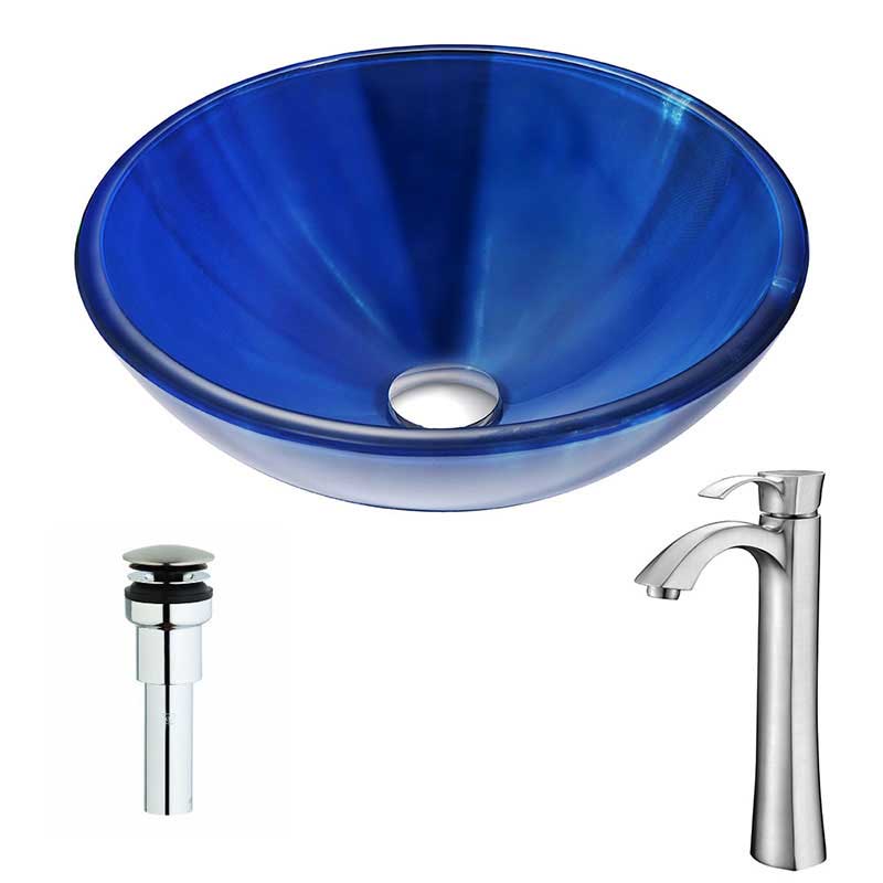 Anzzi Meno Series Deco-Glass Vessel Sink in Lustrous Blue with Harmony Faucet in Brushed Nickel