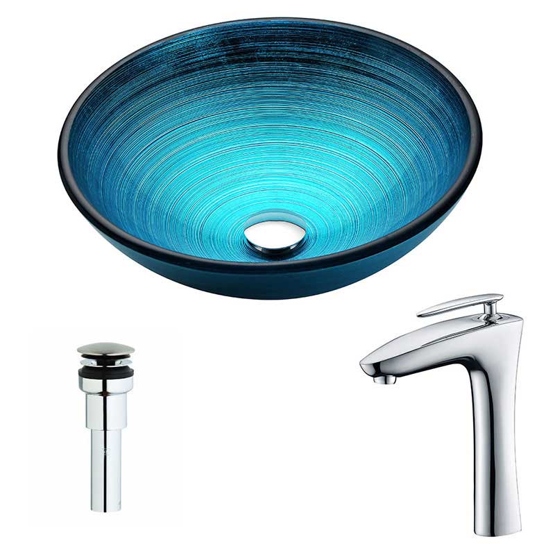Anzzi Enti Series Deco-Glass Vessel Sink in Lustrous Blue with Fann Faucet in Polished Chrome