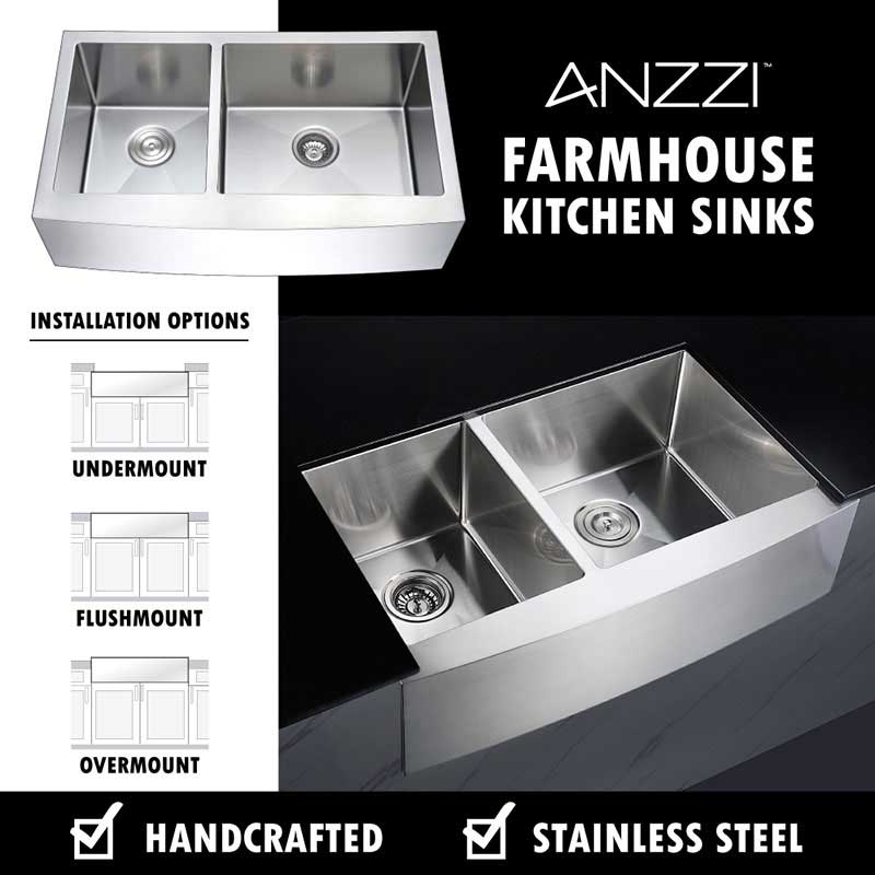 Anzzi ELYSIAN Series 33 in. Farm House 40/60 Dual Basin Handmade Stainless Steel Kitchen Sink 6