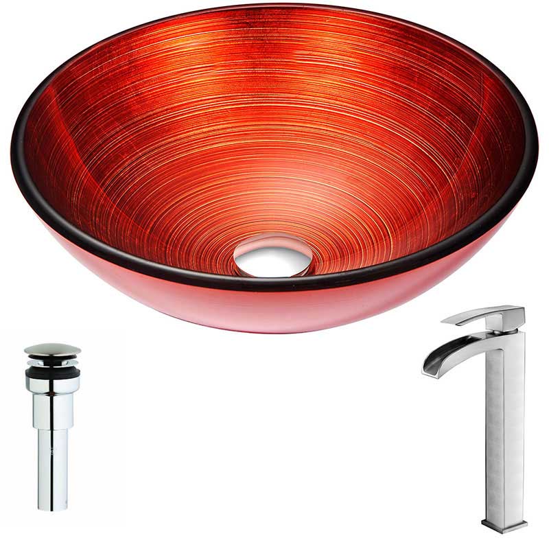 Anzzi Echo Series Deco-Glass Vessel Sink in Lustrous Red with Key Faucet in Brushed Nickel