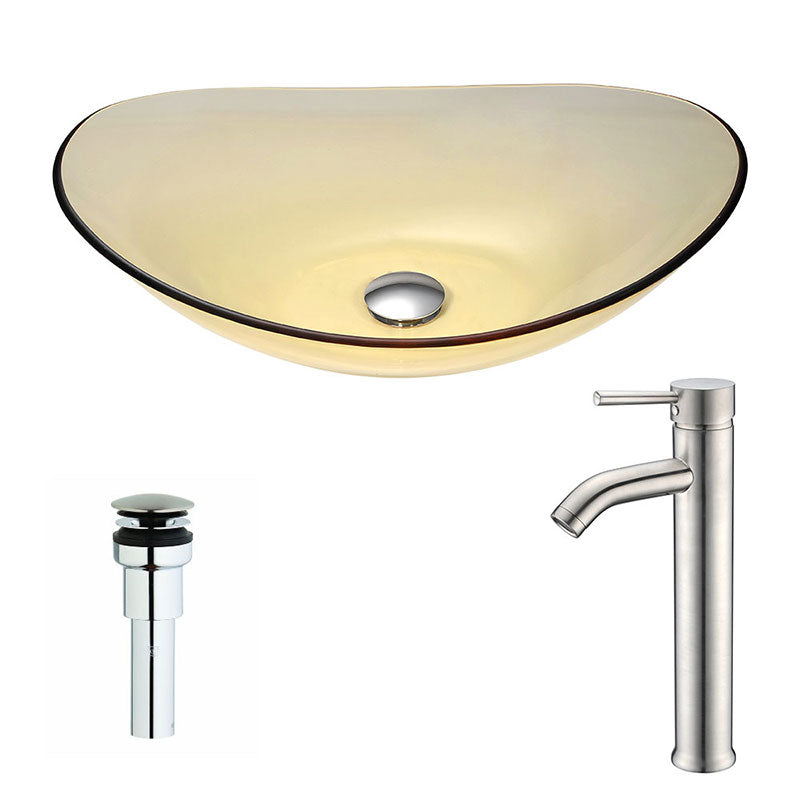 Anzzi Mesto Series Deco-Glass Vessel Sink in Lustrous Translucent Gold with Fann Faucet in Polished Chrome